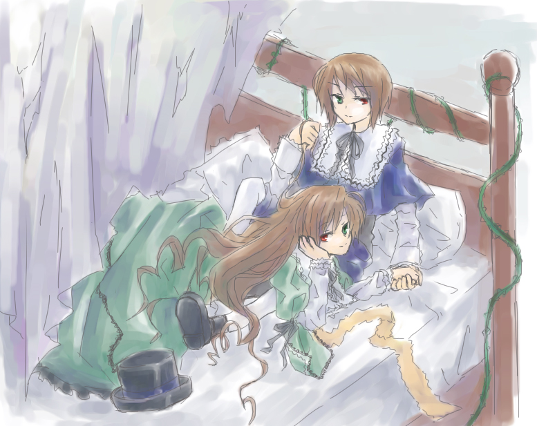 artist_request bed brown_hair dress green_eyes half-closed_eyes hand_in_another's_hair hat hat_removed head_rest headwear_removed heterochromia holding_hands long_hair long_sleeves looking_at_viewer lying multiple_girls neck_ribbon on_stomach pillow plant red_eyes ribbon rozen_maiden short_hair siblings sisters sitting smile souseiseki suiseiseki top_hat twins vines white_legwear
