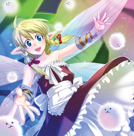 :3 apron blonde_hair blue_eyes bow braid dress fairy frills inue_shinsuke lowres open_mouth original outstretched_arms pointy_ears rainbow_background red_dress ribbon smile solo spread_arms twin_braids wings