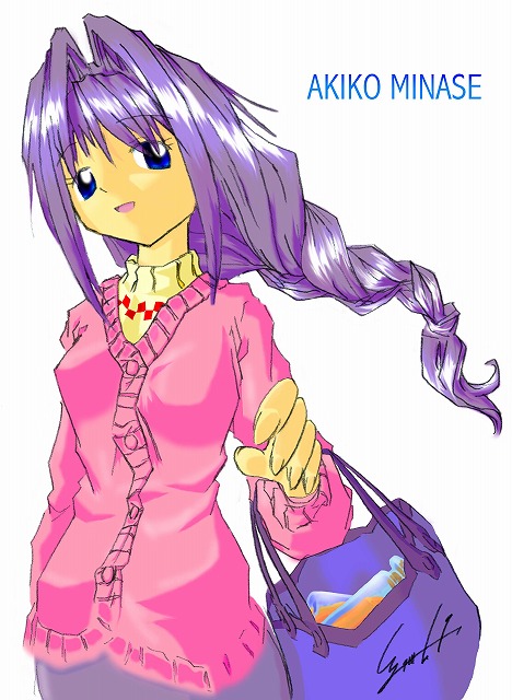 artist_request bag braid cardigan character_name hair_intakes kanon long_hair looking_at_viewer minase_akiko purple_hair signature simple_background single_braid smile solo white_background
