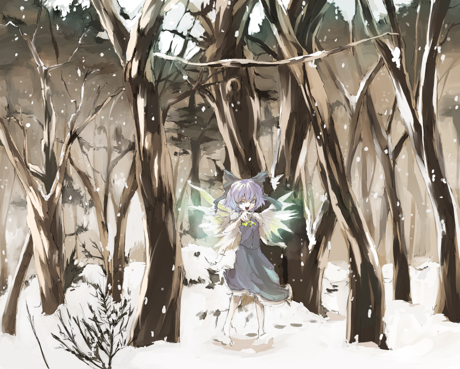 blue_eyes blue_hair cirno forest nature short_hair shunsei_(muratou) snow snowing solo touhou tree wings