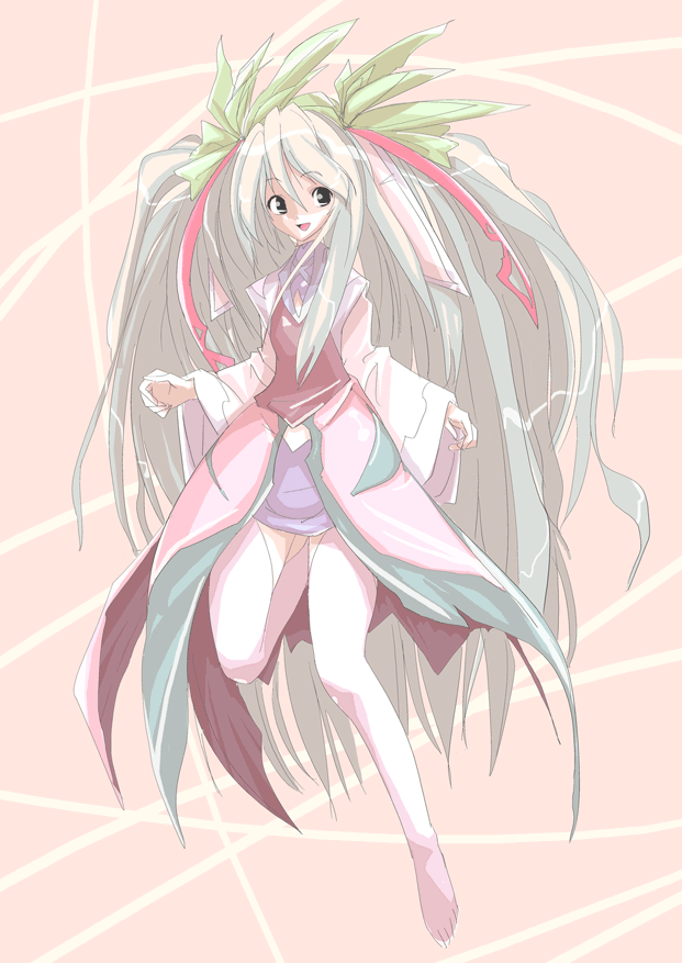 artist_request barefoot black_eyes long_hair long_sleeves original pink_background silver_hair skirt solo thighhighs two_side_up very_long_hair white_legwear