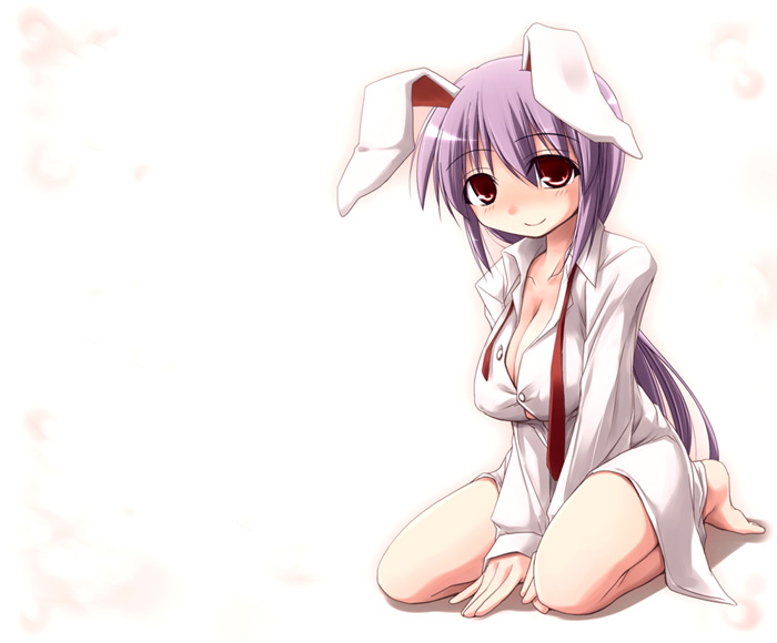 animal_ears breasts bunny_ears cleavage kurikara large_breasts long_sleeves open_clothes open_shirt reisen_udongein_inaba shirt solo touhou