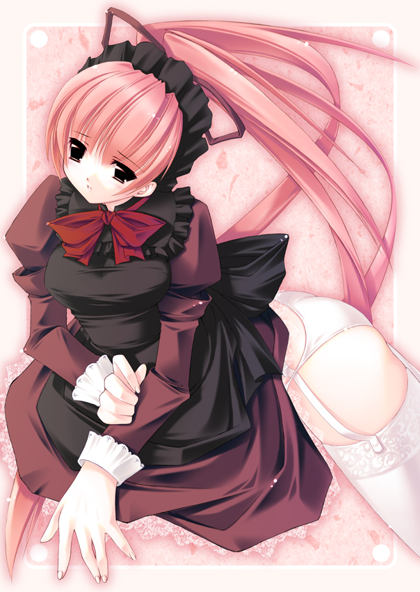 black_eyes bow bowtie copyright_request garter_belt jian lace lace-trimmed_thighhighs long_hair maid maid_headdress panties pink_hair ponytail solo thighhighs underwear white_legwear white_panties