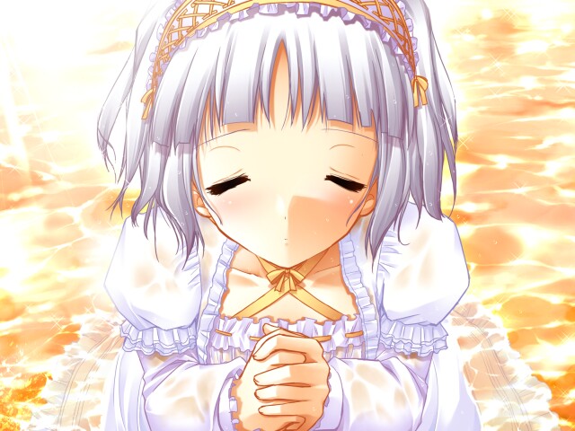 blush closed_eyes dress frills game_cg hairband hands_clasped long_sleeves miu_(triptych) nimura_yuuji own_hands_together praying solo triptych water wet wet_clothes