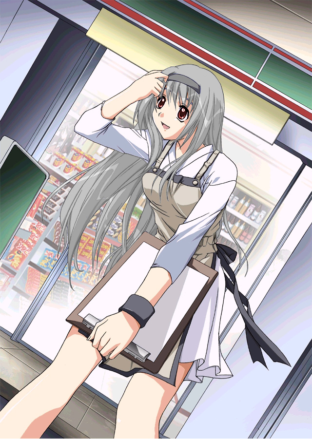 apron artist_request bad_anatomy clipboard copyright_request grey_hair hairband long_hair long_sleeves red_eyes shop solo