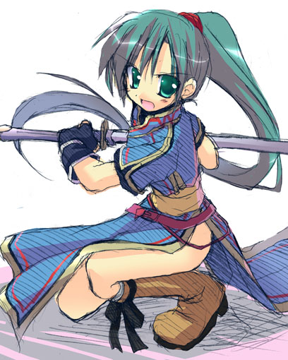 :d boots china_dress chinese_clothes dress fire_emblem fire_emblem:_rekka_no_ken full_body green_eyes green_hair long_hair lyndis_(fire_emblem) open_mouth ponytail satou_kibi simple_background smile solo sword thighs very_long_hair weapon white_background