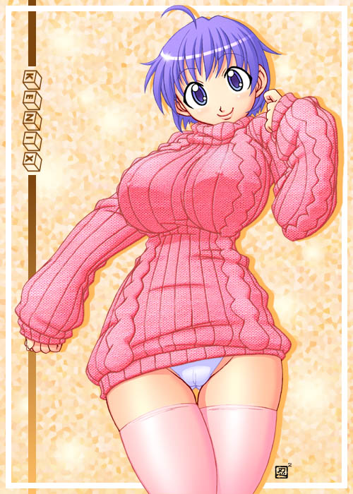ahoge bad_anatomy blue_hair bottomless breasts cameltoe copyright_request covered_nipples huge_breasts impossible_clothes impossible_sweater kenix long_sleeves no_pants panties pink pink_legwear purple_hair shirt skindentation smile solo sweater thigh_gap thighhighs underwear white_panties wide_hips
