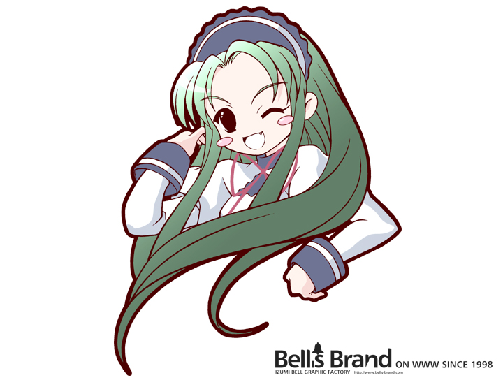 fang green_hair izumi_bell long_hair long_sleeves maid one_eye_closed solo suzumiya_haruhi_no_yuuutsu tsuruya
