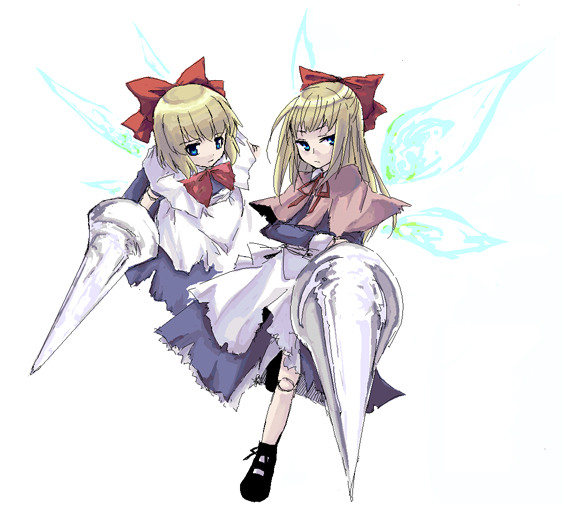blonde_hair blue_eyes bow doll_joints hair_bow hourai_doll lance large_bow long_hair long_sleeves multiple_girls polearm shanghai_doll short_hair simple_background tadano_kagekichi touhou weapon white_background wings