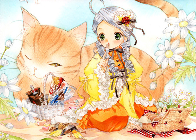 artist_request basket bird blanket cat drill_hair flower food fork hair_ornament kanaria long_sleeves one_eye_closed open_mouth picnic rozen_maiden sitting solo source_request twin_drills