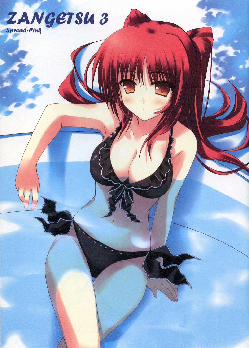 bikini bikini_top blush breasts cleavage cover cover_page crossed_legs doujinshi front-tie_top highres kousaka_tamaki large_breasts long_hair navel orange_eyes partially_submerged red_hair scan side-tie_bikini sitting solo swimsuit thigh_gap to_heart_2 wading_pool water zinno