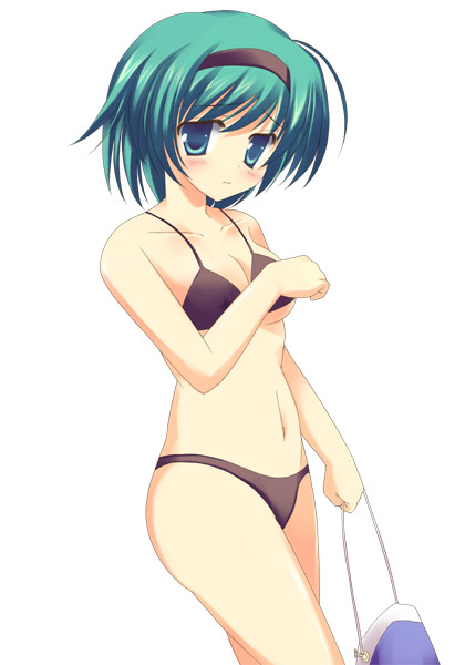 artist_request bag bikini black_bikini blush breasts cleavage covering covering_breasts embarrassed green_eyes green_hair hairband holding looking_at_viewer navel short_hair simple_background small_breasts solo swimsuit to_heart_2 underboob white_background yoshioka_chie