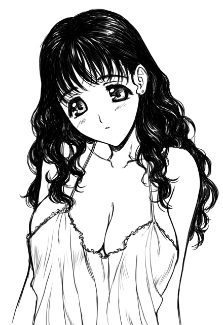 breasts chemise cleavage copyright_request greyscale head_tilt large_breasts lineart magaki_ryouta monochrome solo upper_body wavy_hair