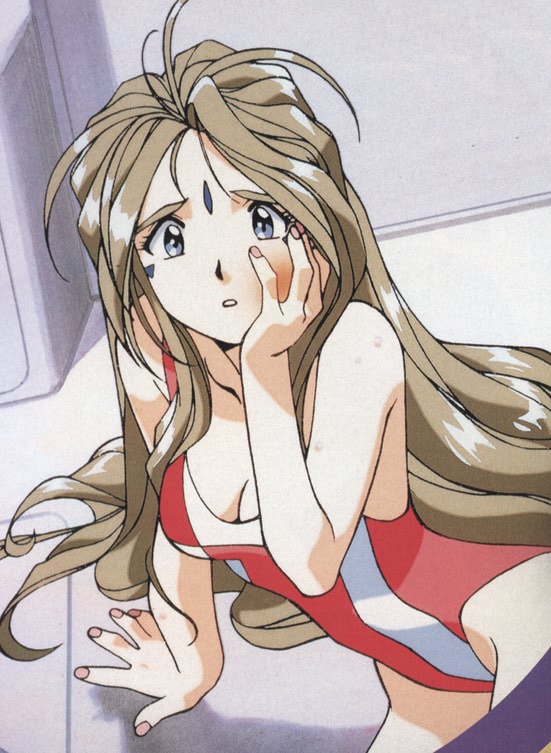90s :o aa_megami-sama arm_support artist_request belldandy blue_eyes breasts brown_hair casual_one-piece_swimsuit cleavage dutch_angle face_slap_mark facial_mark forehead_mark large_breasts long_hair one-piece_swimsuit reclining slap_mark solo swimsuit wet