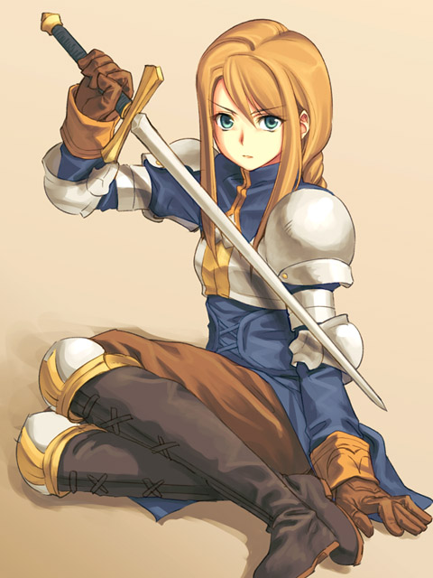 agrias_oaks armor blonde_hair blue_eyes boots final_fantasy final_fantasy_tactics long_sleeves solo sword weapon yuuki_keisuke