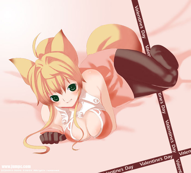 animal_ears artist_request bare_shoulders blonde_hair breasts cleavage copyright_request fox_ears fox_tail gloves green_eyes large_breasts lying no_shoes on_side pantyhose sleeveless solo tail valentine