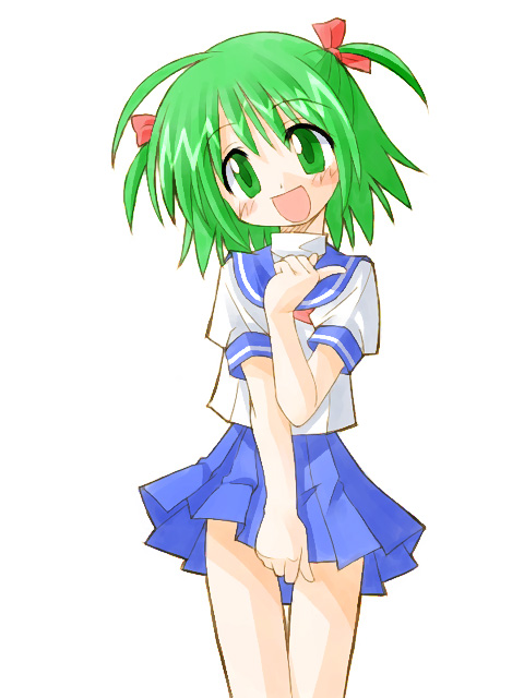:d blush bow character_request copyright_request green_eyes green_hair hair_ribbon happy open_mouth pleated_skirt ribbon school_uniform short_hair short_twintails skirt smile solo suka twintails