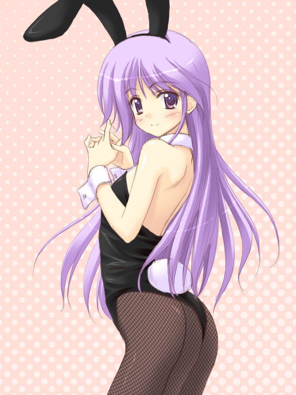 animal_ears ass bow bowtie bunny_boy bunny_ears bunny_tail bunnysuit crossdressing detached_collar fishnet_pantyhose fishnets flat_chest happiness! leotard long_hair male_focus masakichi_(crossroad) otoko_no_ko pantyhose purple_eyes purple_hair solo tail watarase_jun wrist_cuffs