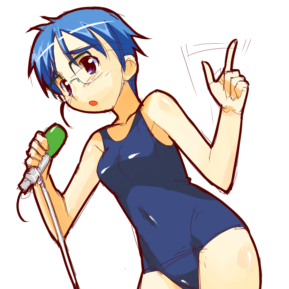 :o blue_swimsuit glasses hands index_finger_raised microphone microphone_stand one-piece_swimsuit original rimless_eyewear ryuuta_(msxtr) school_swimsuit simple_background sketch solo swimsuit white_background