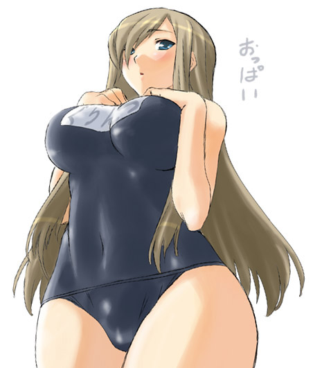 black_school_swimsuit blue_eyes blush breasts brown_hair dr.p large_breasts long_hair name_tag one-piece_swimsuit school_swimsuit solo swimsuit tales_of_(series) tales_of_the_abyss tear_grants