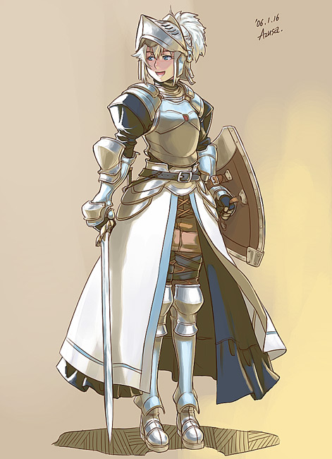 armor azusa_(hws) blonde_hair blue_eyes knight medieval original shield solo sword weapon