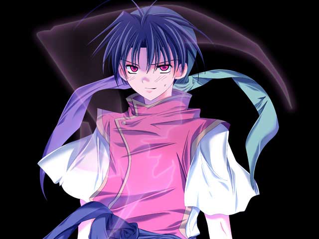 artist_request bandana black_background gensou_suikoden gensou_suikoden_i male_focus out_of_character red_eyes smile solo tir_mcdohl true_rune