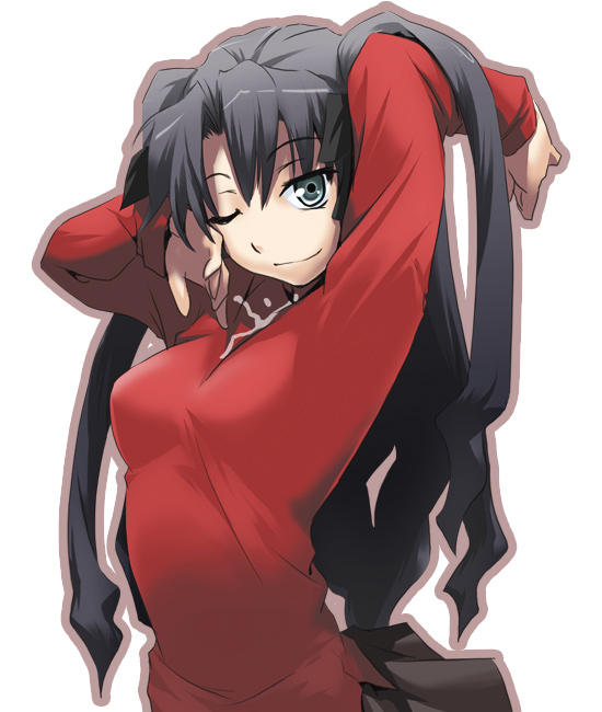 arms_up black_hair blue_eyes fate/stay_night fate_(series) long_sleeves nilitsu one_eye_closed smile solo stretch toosaka_rin turtleneck two_side_up upper_body
