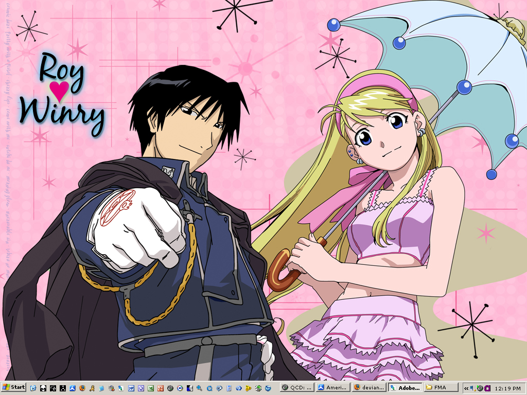 1girl aiguillette amestris_military_uniform black_eyes black_hair blonde_hair blue_eyes character_name desktop earrings firefox fullmetal_alchemist gloves hairband icon jewelry long_hair long_sleeves microsoft_excel microsoft_office microsoft_word midriff military military_uniform parasol quicktime roy_mustang screencap skirt taskbar umbrella uniform windows winry_rockbell