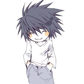 artist_request black_hair blue_pants blush chibi closed_eyes death_note hands_in_pockets l_(death_note) long_sleeves lowres male_focus pants shirt smile solo v-neck white_background white_shirt