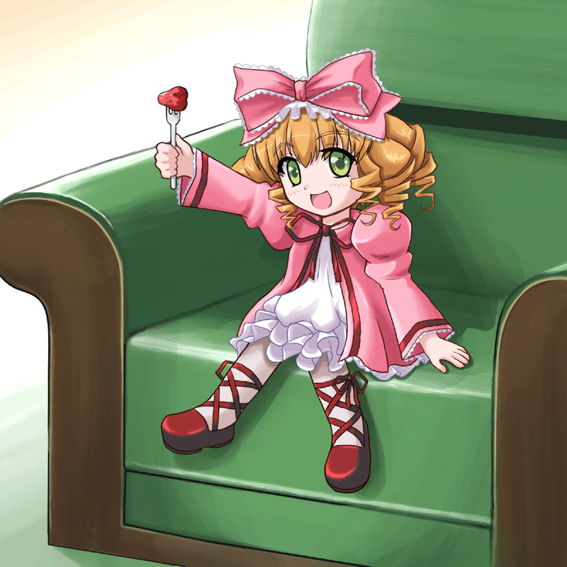 :d ankle_lace-up armchair artist_request bangs blonde_hair bow chair cross-laced_footwear doll dress drill_hair food foot_dangle fork frilled_ribbon frills fruit green_eyes hair_bow hair_ribbon hina_ichigo holding holding_fork knees_together_feet_apart long_sleeves neck_ribbon object_namesake open_mouth pink_bow pink_dress red_footwear ribbon rozen_maiden shoes sitting smile solo source_request strawberry