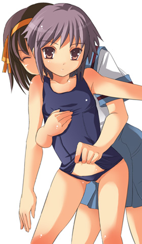 brown_hair lifted_by_another lowres multiple_girls nagato_yuki one-piece_swimsuit school_swimsuit school_swimsuit_flap short_hair suzumiya_haruhi suzumiya_haruhi_no_yuuutsu swimsuit swimsuit_lift yuri yuuji