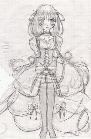 chii chobits grid lowres non-web_source sketch solo thighhighs