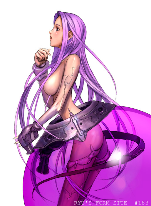 from_side long_hair mecha_musume original purple_hair ryu_(ryu's_former_site) science_fiction solo topless very_long_hair