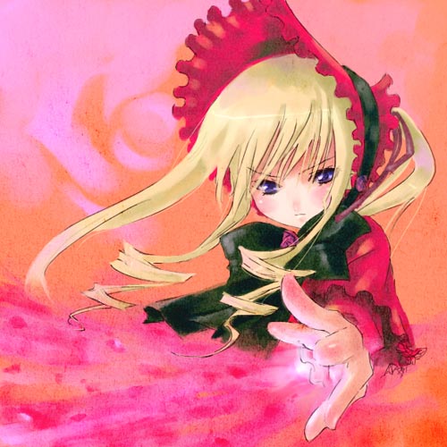 artist_request blonde_hair bonnet long_hair long_sleeves looking_at_viewer lowres outstretched_hand rozen_maiden shinku solo upper_body