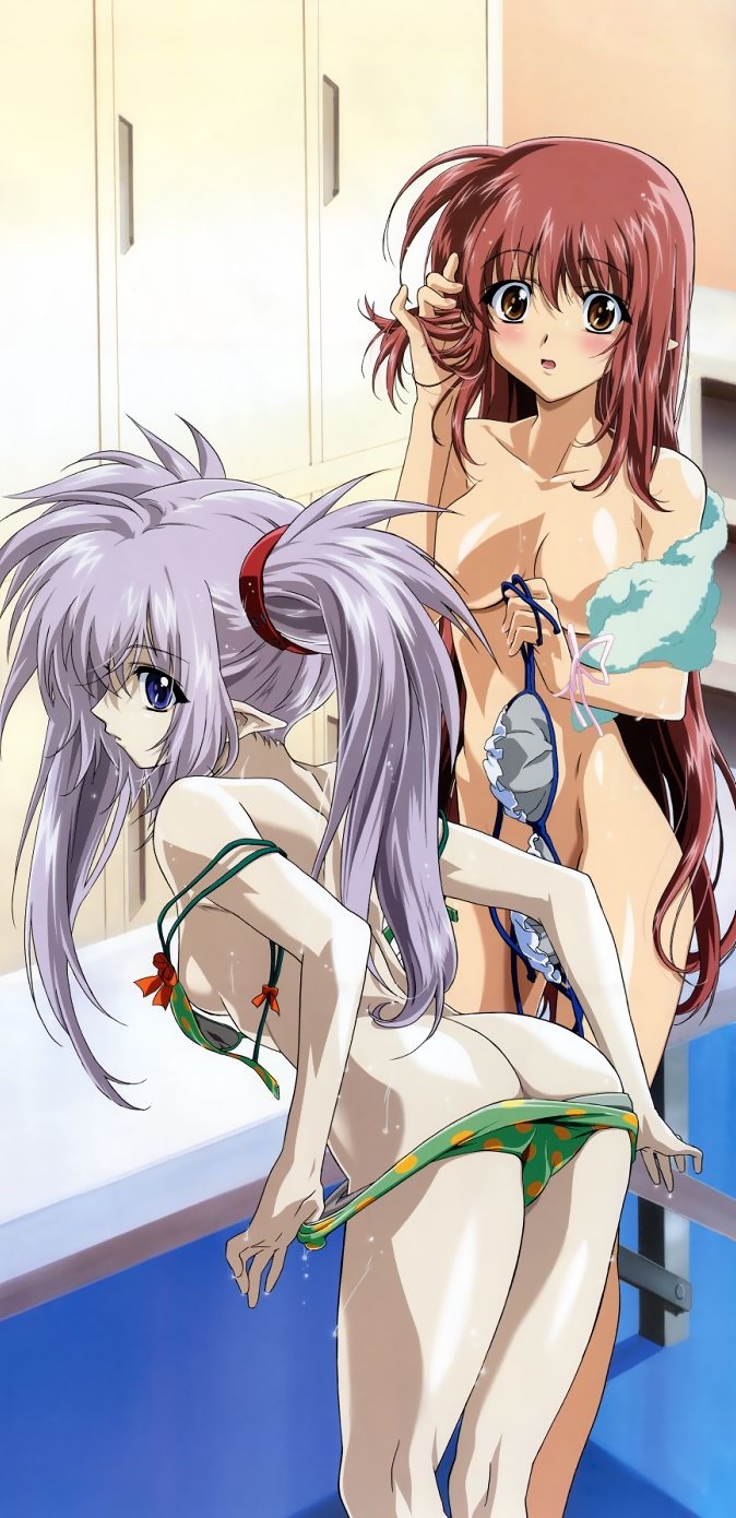 adjusting_hair ass back bent_over bikini bikini_pull blue_eyes blush breasts brown_eyes convenient_censoring highres lisianthus locker locker_room long_hair medium_breasts multiple_girls nude official_art open_mouth pointy_ears polka_dot polka_dot_bikini polka_dot_swimsuit primula pulled_by_self red_hair shuffle! sideboob silver_hair small_breasts strap_slip swimsuit towel twintails undressing very_long_hair watanabe_ruriko wet