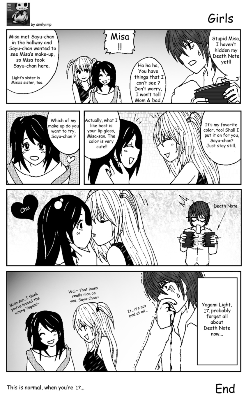 2girls amane_misa artist_request blood comic death_note death_note_(object) greyscale hard_translated heart highres kiss left-to-right_manga monochrome multiple_girls nosebleed source_request translated yagami_light yagami_sayu yuri