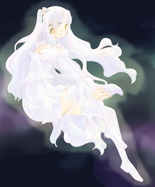 :o artist_request bangs boots flower flower_eyepatch hair_flower hair_ornament hands_together invisible_chair kirakishou long_hair looking_at_viewer rozen_maiden sitting solo thigh_boots thighhighs two_side_up very_long_hair white_hair yellow_eyes