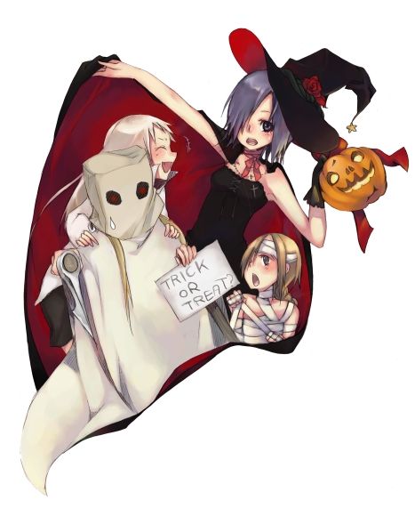 bag cape copyright_request halloween hat itou_nanami jack-o'-lantern multiple_girls mummy paper_bag pumpkin sign witch_hat