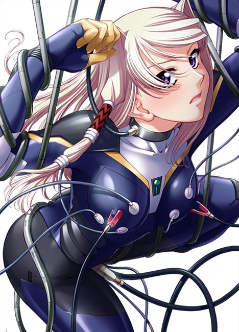 arms_up bdsm black_bodysuit blonde_hair blush bodysuit bondage bound breasts cable covered_nipples electrodes embarrassed hair_ornament hair_tubes iris_rebel large_breasts leg_up long_hair nipple_clamps official_art open_mouth purple_eyes shiny shiny_clothes simple_background skin_tight solo soukou_kijo_iris spread_legs zol