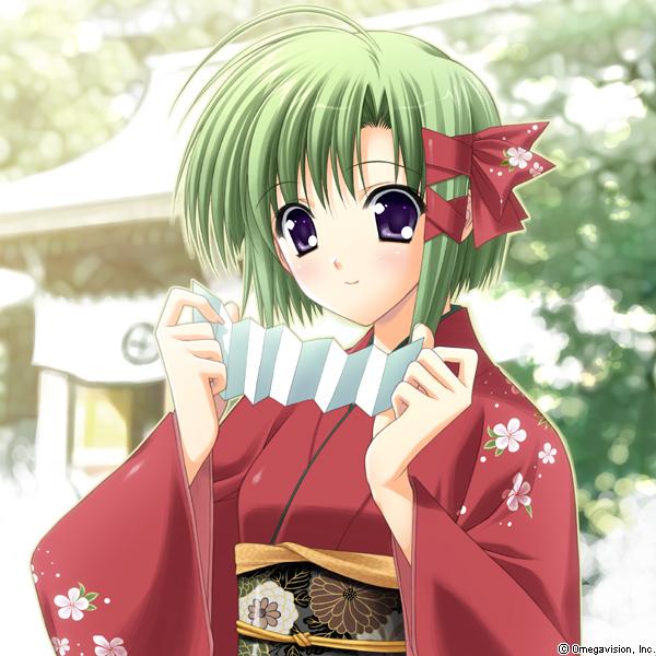 green_hair japanese_clothes kimono long_sleeves official_art purple_eyes shigure_asa short_hair shuffle! solo suzuhira_hiro