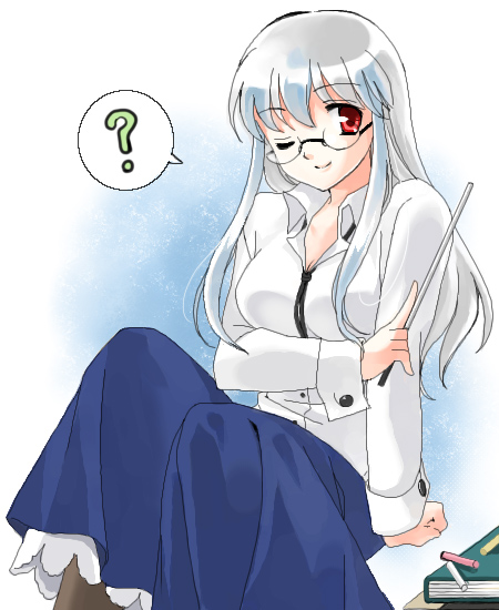 bespectacled coco_(artist) glasses kamishirasawa_keine long_hair long_sleeves non-web_source pantyhose pointer solo teacher touhou