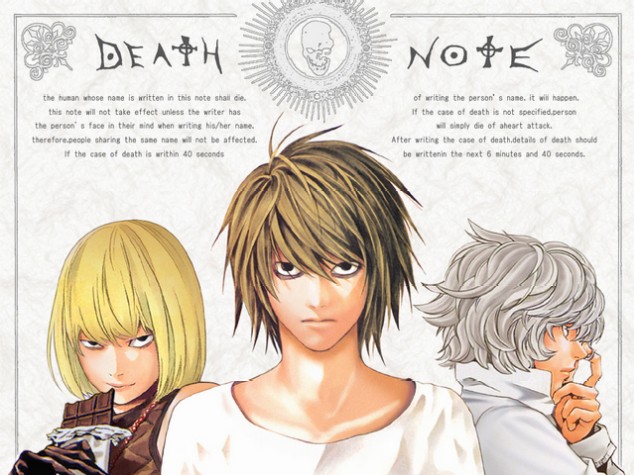 bags_under_eyes black_gloves blonde_hair bob_cut brown_hair chocolate_bar copyright_name death_note eating english finger_to_face gloves l_(death_note) long_hair looking_at_viewer male_focus mello multiple_boys near obata_takeshi silver_hair spiked_hair upper_body wavy_hair