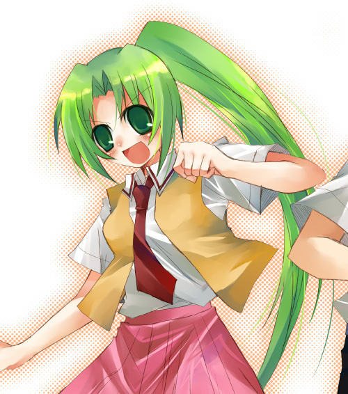 :d clenched_hands collared_shirt cowboy_shot green_eyes green_hair higurashi_no_naku_koro_ni long_hair necktie open_mouth ponytail shirt short_sleeves skirt smile solo sonozaki_mion suzushiro_kurumi v-shaped_eyebrows very_long_hair vest