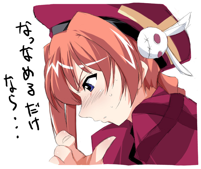 artist_request beret blush braid bunny_hair_ornament check_translation clenched_teeth close-up dress face fingernails from_side hair_ornament hat lyrical_nanoha magical_girl mahou_shoujo_lyrical_nanoha mahou_shoujo_lyrical_nanoha_a's parted_lips profile red_dress red_hat solo sweat sweatdrop teeth text_focus translation_request twin_braids vita