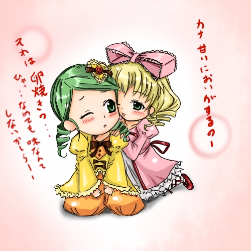 ;o ;p artist_request bangs blonde_hair blue_eyes bow bubble_background child cross-laced_legwear dress drill_hair green_eyes green_hair hair_bow hair_ornament hand_on_another's_shoulder heart heart_hair_ornament hina_ichigo juliet_sleeves kanaria kneeling long_sleeves looking_at_another lowres multiple_girls one_eye_closed pink_bow puffy_pants puffy_sleeves rozen_maiden tongue tongue_out translated twin_drills yuri
