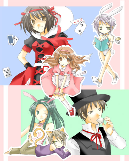 4girls 603_(lolipop) ;) alice_(wonderland) alice_(wonderland)_(cosplay) alice_in_wonderland animal_ears asahina_mikuru bad_anatomy bare_legs barefoot black_hat book breasts brown_eyes brown_hair bunny_ears bunny_girl bunnysuit card cat_ears cat_tail catboy cheshire_cat cheshire_cat_(cosplay) cosplay cross-laced_clothes crossover cup dress drinking fake_animal_ears fake_tail falling_card green_eyes hairband hat high_ponytail holding holding_book koizumi_itsuki kyon leotard long_hair long_sleeves march_hare march_hare_(cosplay) multiple_boys multiple_girls nagato_yuki neck_ribbon one_eye_closed open_book pink_dress pink_hairband queen_of_hearts queen_of_hearts_(cosplay) reaching_out reading red_footwear red_hairband ribbon short_hair short_sleeves smile strapless strapless_leotard suzumiya_haruhi suzumiya_haruhi_no_yuuutsu tail tea teacup top_hat tsuruya white_footwear white_hairband white_legwear white_leotard white_rabbit white_rabbit_(cosplay)