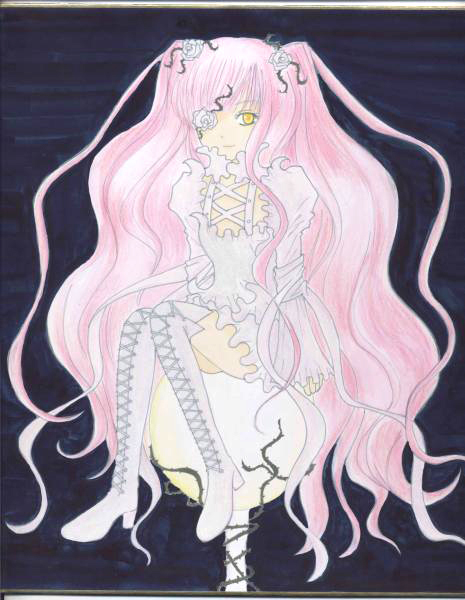 artist_request boots cross-laced_clothes cross-laced_footwear dress flower flower_eyepatch hair_flower hair_ornament kirakishou long_hair long_sleeves looking_at_viewer pink_hair plant puffy_sleeves rozen_maiden sitting smile solo thigh_boots thighhighs two_side_up very_long_hair vines wavy_hair yellow_eyes