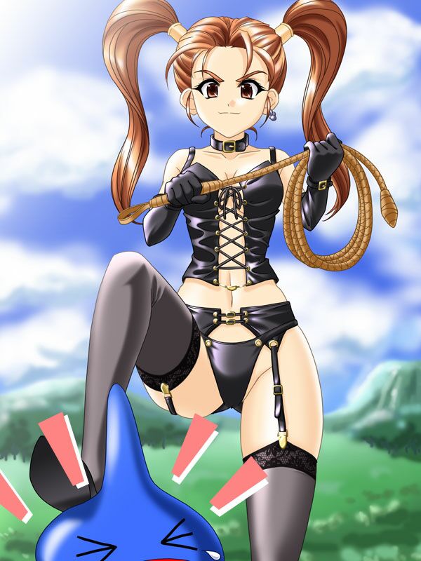 &gt;_&lt; 1girl alternate_costume artist_request bdsm black_gloves black_panties blue_skin blurry breasts buckle bustier center_opening cleavage closed_eyes cloud collar crop_top dangerous_bustier_(dq) day depth_of_field dominatrix dragon_quest dragon_quest_viii earrings elbow_gloves evil_smile femdom garter_belt gloves grass grey_legwear groin holding jessica_albert jewelry lace lace-trimmed_thighhighs leather lingerie long_hair looking_at_viewer medium_breasts midriff monster mountain nature navel orange_eyes orange_hair outdoors pain panties scrunchie shiny shiny_clothes shoes single_earring size_difference sky slime_(dragon_quest) smile standing stepped_on tears thighhighs tree underwear underwear_only weapon whip wide_hips wince