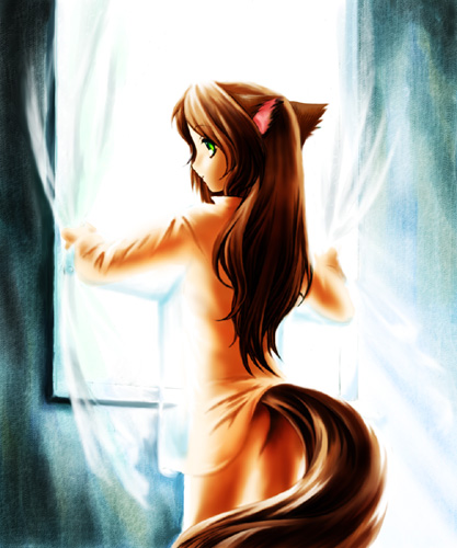 animal_ears artist_request bottomless brown_hair copyright_request dog_ears dog_tail from_behind green_eyes long_hair long_sleeves lowres orange_shirt shirt solo tail window