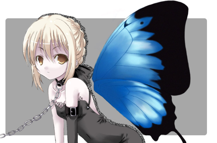 arm_strap artist_request artoria_pendragon_(all) bare_shoulders black_dress blue_wings bow buckle butterfly_wings chain collar collarbone dress fate/stay_night fate_(series) gloves grey_background leaning_forward leash looking_at_viewer navel parted_lips saber_alter sidelocks single_sleeve solo two-tone_background white_background wings yellow_eyes
